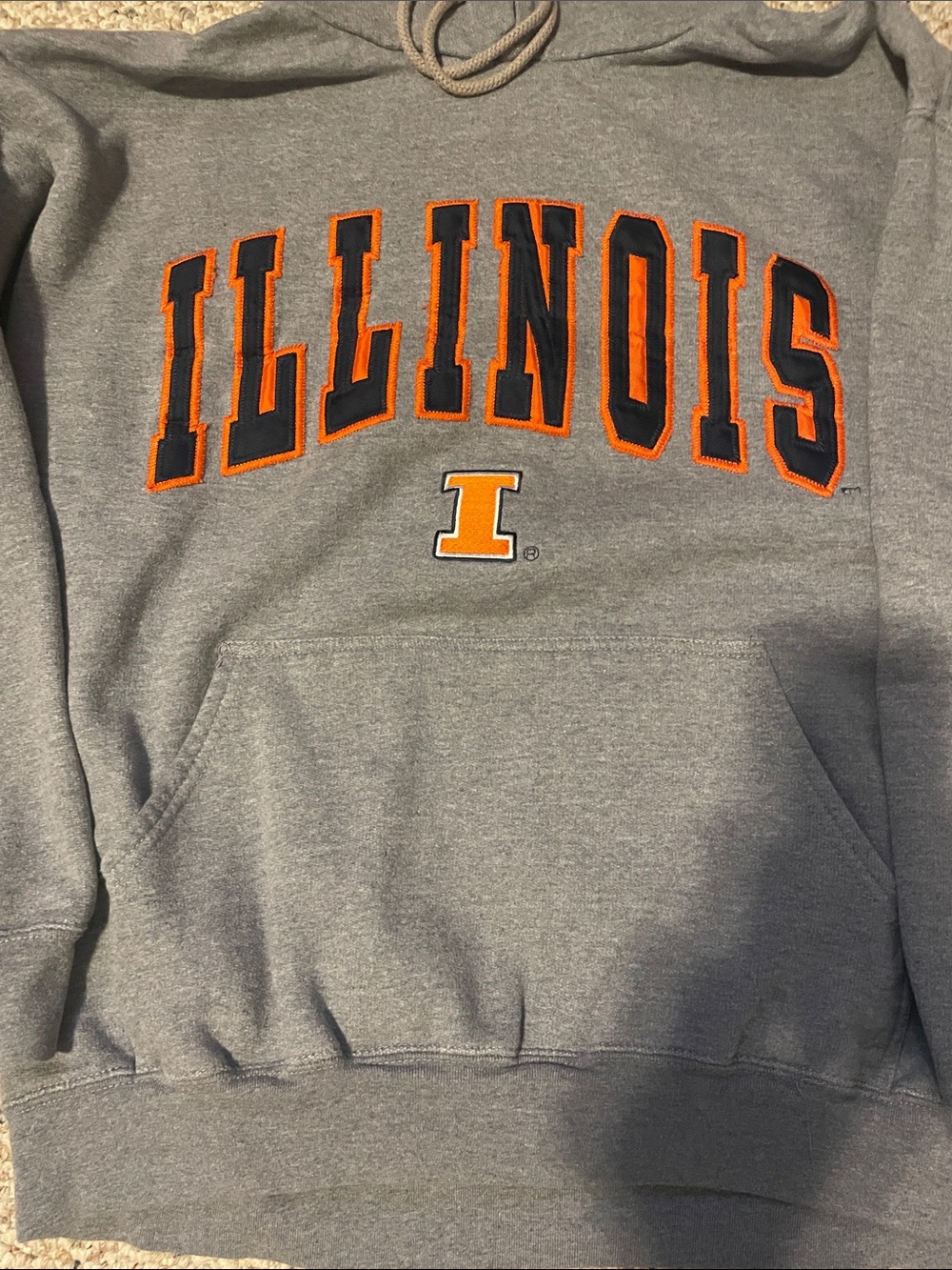 Illinois grey hoodie sweatshirt with embroidered letters/logos. Men’s Large